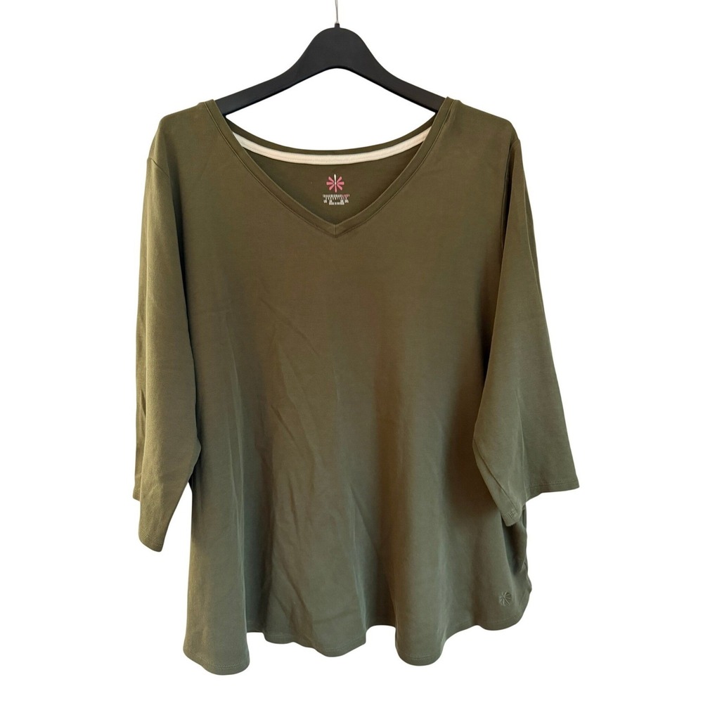 Isaac Mizrahi Live Essentials Olive Green V-Neck 3/4 Sleeve Top 3X Plus Size